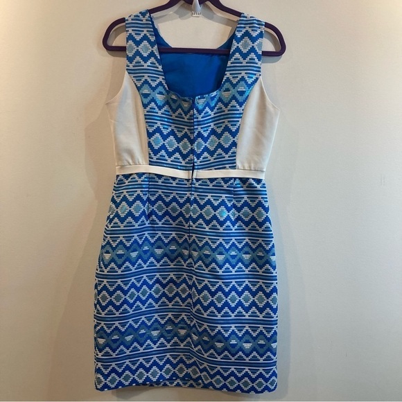 BELLE by Badgley Mischka Sz 8 Metallic Aztec Motif White Accent Midi Dress - Picture 10 of 13